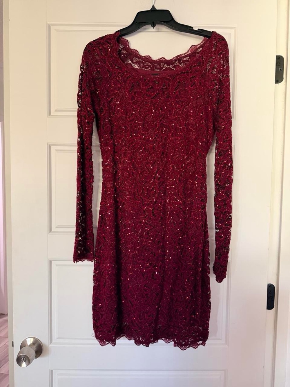 Sequin Hearts Burgundy Lace Long Sleeve Dress